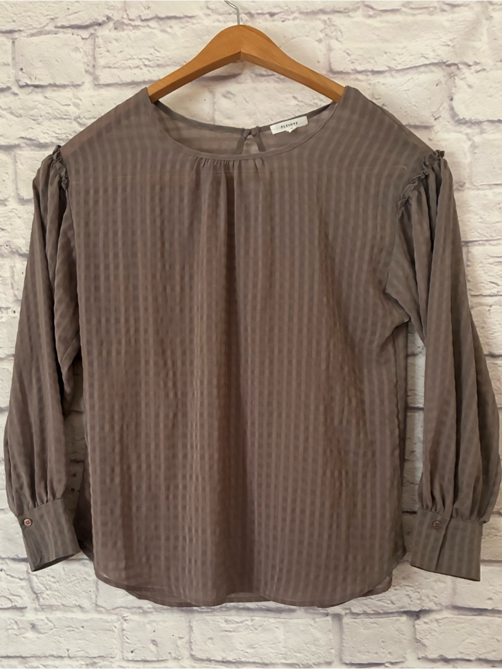 Pleione Taupe Long Sleeve Velvet-Textured Blouse - Medium